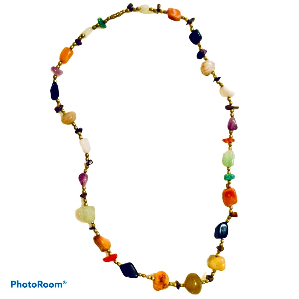 Multicolored Stone & Gold Bead Necklace.